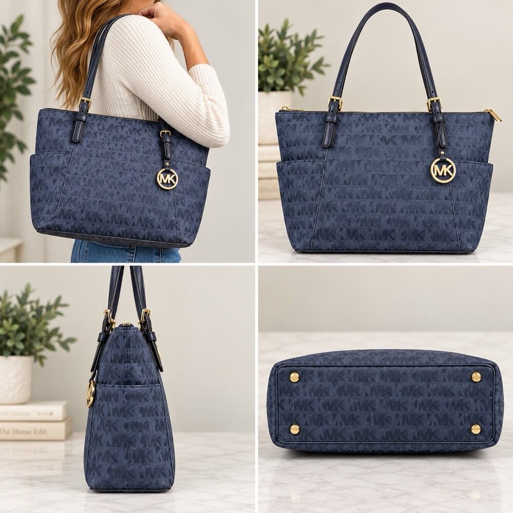 Michael Kors Navy Blue MK Monogram Jacquard Tote Bag Gold Hardware Charm